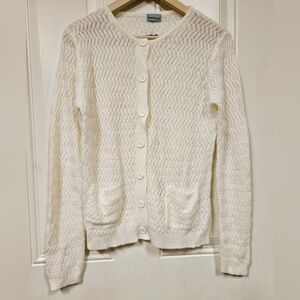 Sara Morgan white crochet knit coastal grandma Granny Cardigan sweater size S